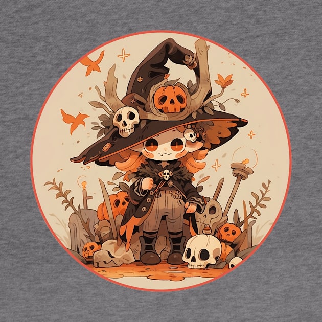 Enchanted Gathering: Adorable Witch and  Skulls in a Warm Palette by Iron Creek